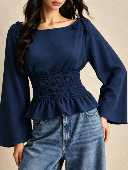 Smocked Waist Flare Sleeve Blouse