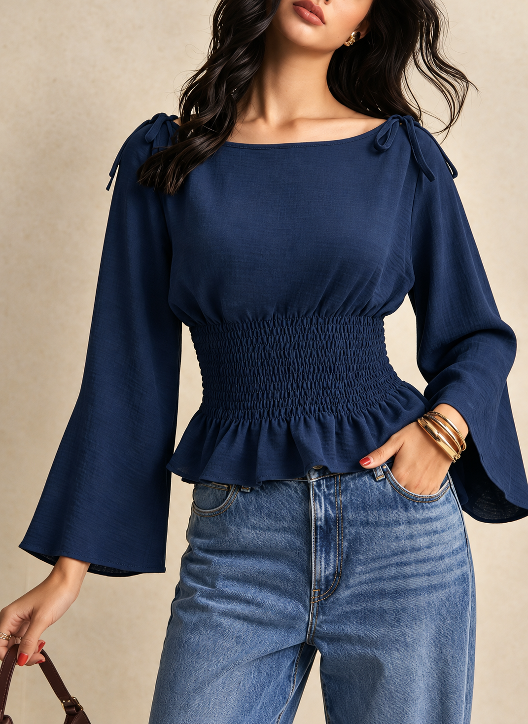 Smocked Waist Flare Sleeve Blouse