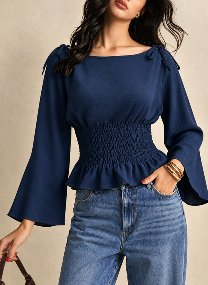 Smocked Waist Flare Sleeve Blouse