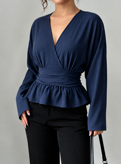 Surplice Long Sleeve Wrap Blouse