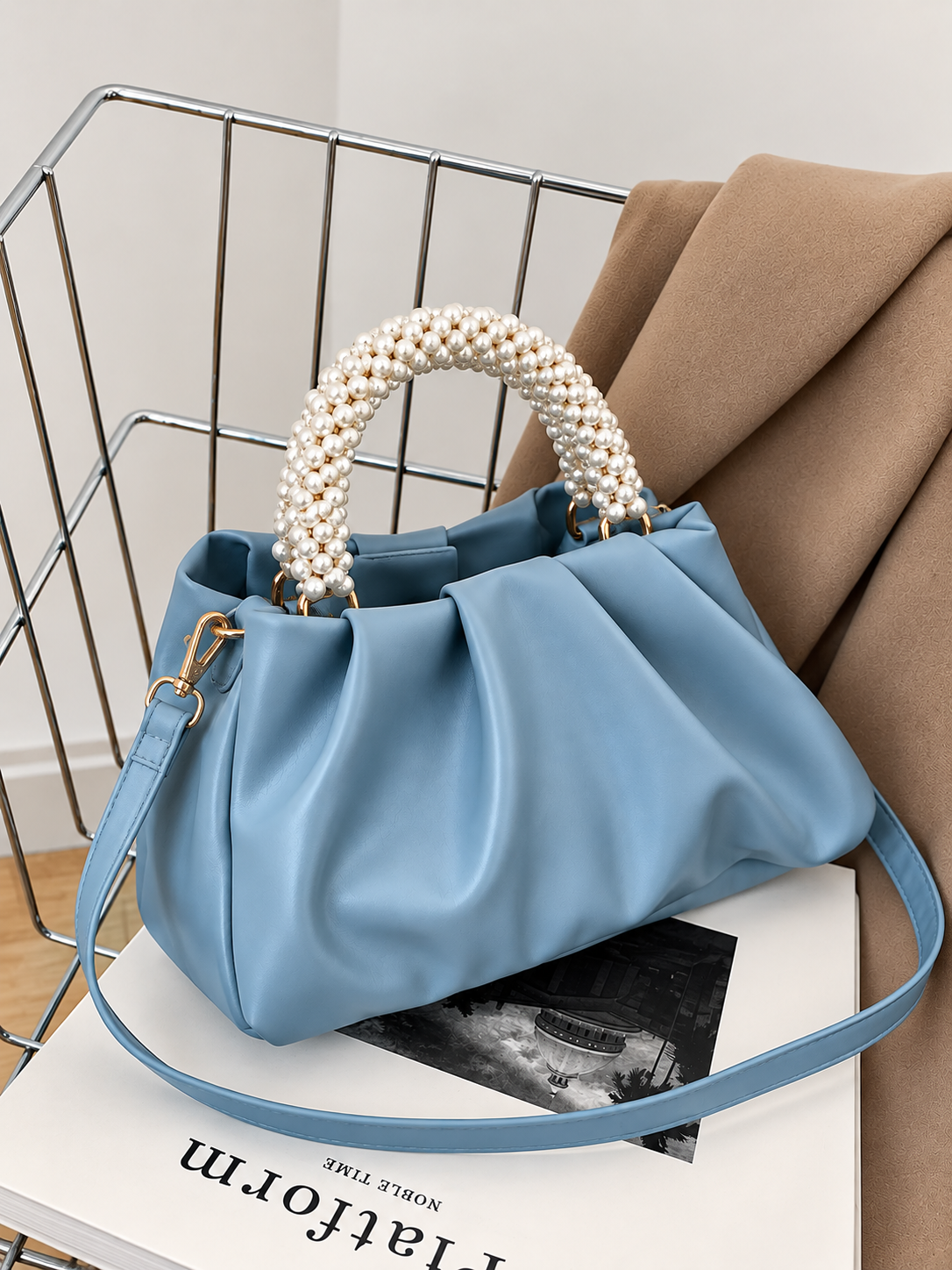 Pearl Handle Ruched Crossbody Bag