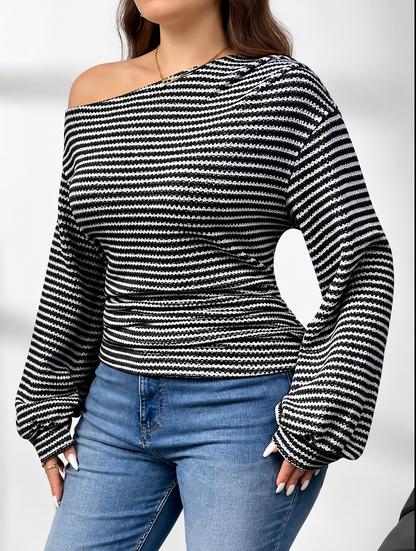Plus Size Striped One-Shoulder Long Sleeve T-Shirt