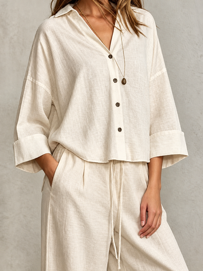 Full Size Button-Down Shirt and Wide-Leg Pants Set (Plus Size included)
