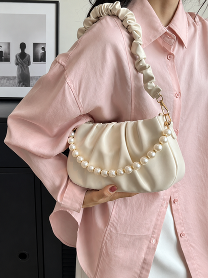 Ruched Shoulder Bag with Pearl Embellishment