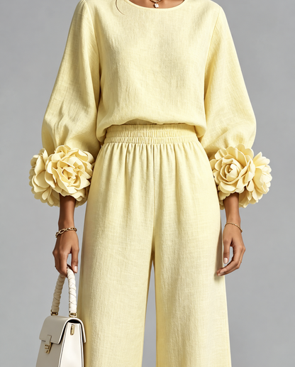 Full Size Floral Cuffs Top and Wide Leg Pants Set (Plus Size inculuded)
