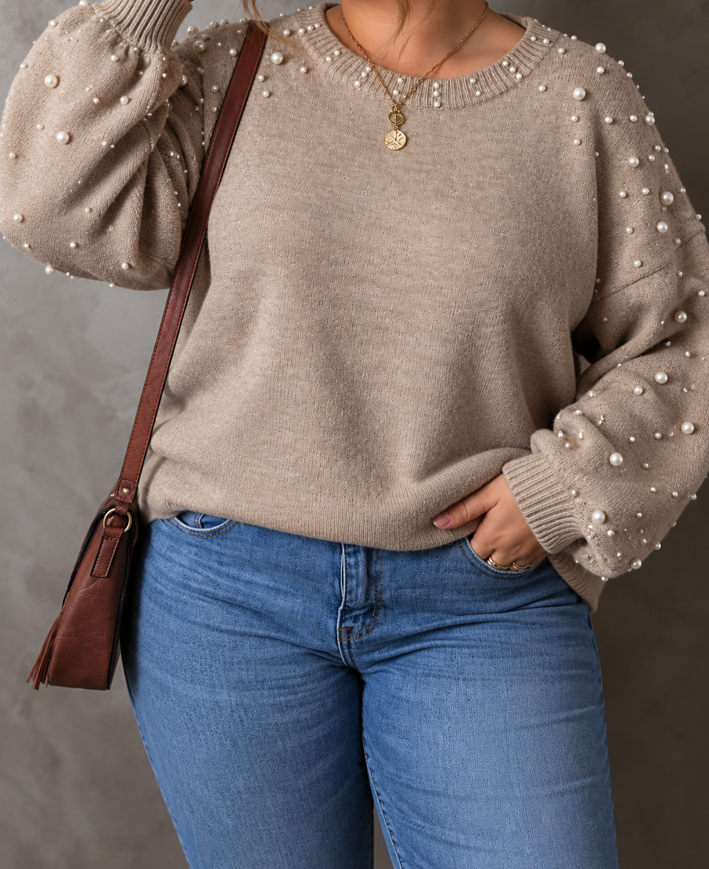 Plus Size Pearl Detail Round Neck Long Sleeve Sweater
