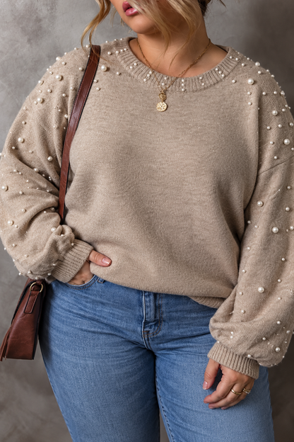 Plus Size Pearl Detail Round Neck Long Sleeve Sweater