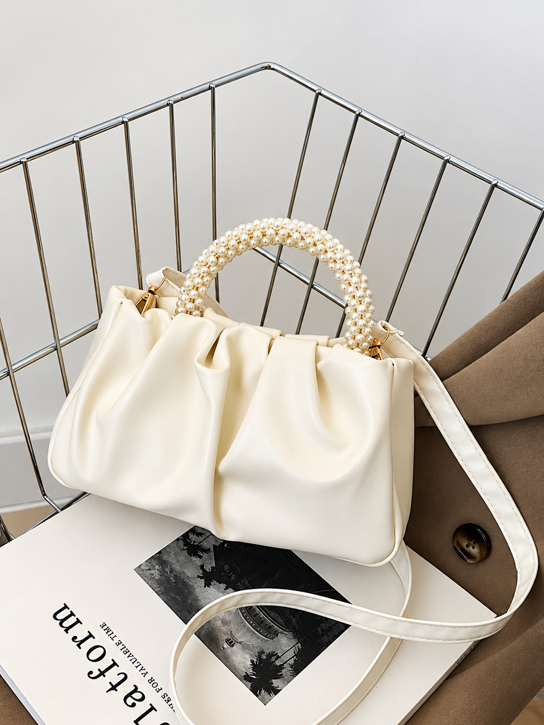 Pearl Handle Ruched Crossbody Bag