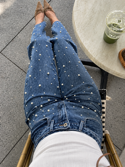 Pearl Embellished High Waist Straight Leg Jeans