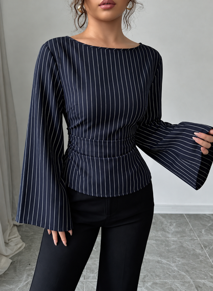 Elegant Pinstriped Bell Sleeve Blouse with Back Lace Up