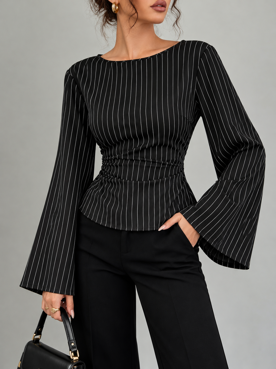 Elegant Pinstriped Bell Sleeve Blouse with Back Lace Up