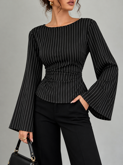 Elegant Pinstriped Bell Sleeve Blouse with Back Lace Up