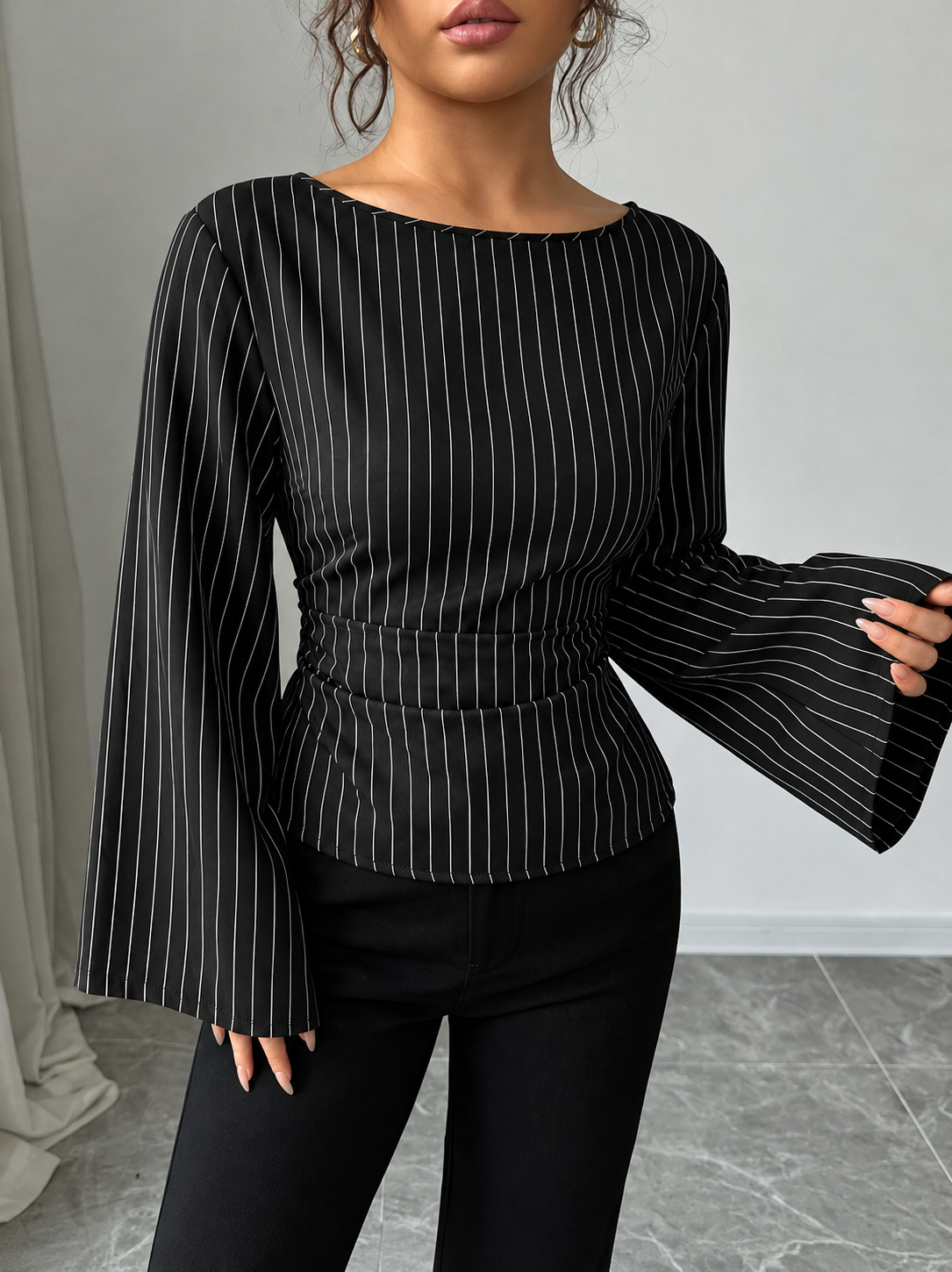 Elegant Pinstriped Bell Sleeve Blouse with Back Lace Up
