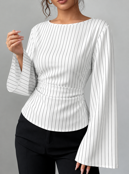Elegant Pinstriped Bell Sleeve Blouse with Back Lace Up