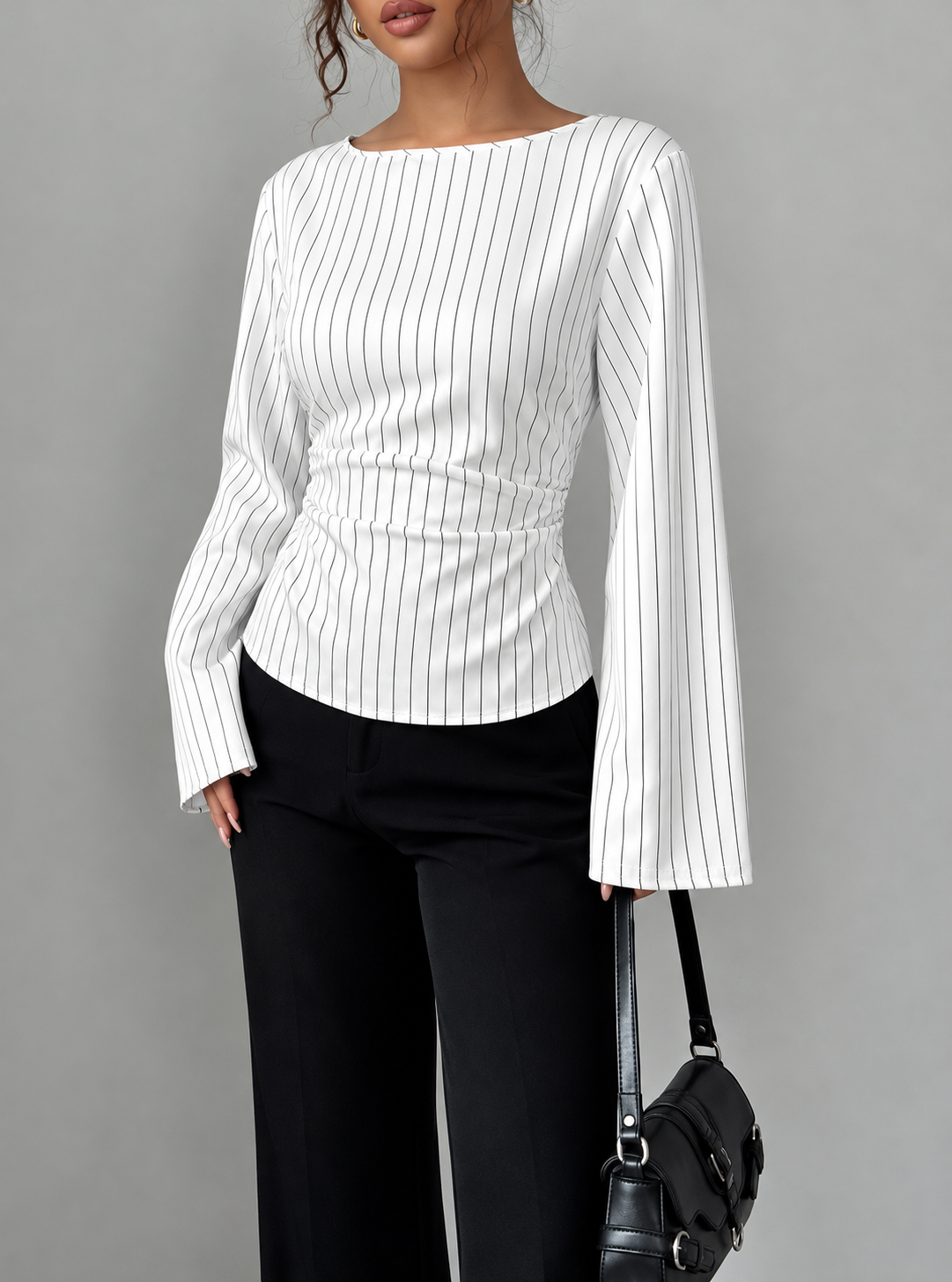 Elegant Pinstriped Bell Sleeve Blouse with Back Lace Up