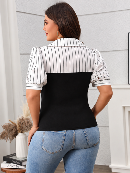 Plus Size Striped Johnny Collar Short Sleeve Blouse