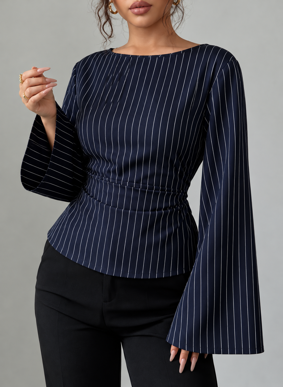 Elegant Pinstriped Bell Sleeve Blouse with Back Lace Up