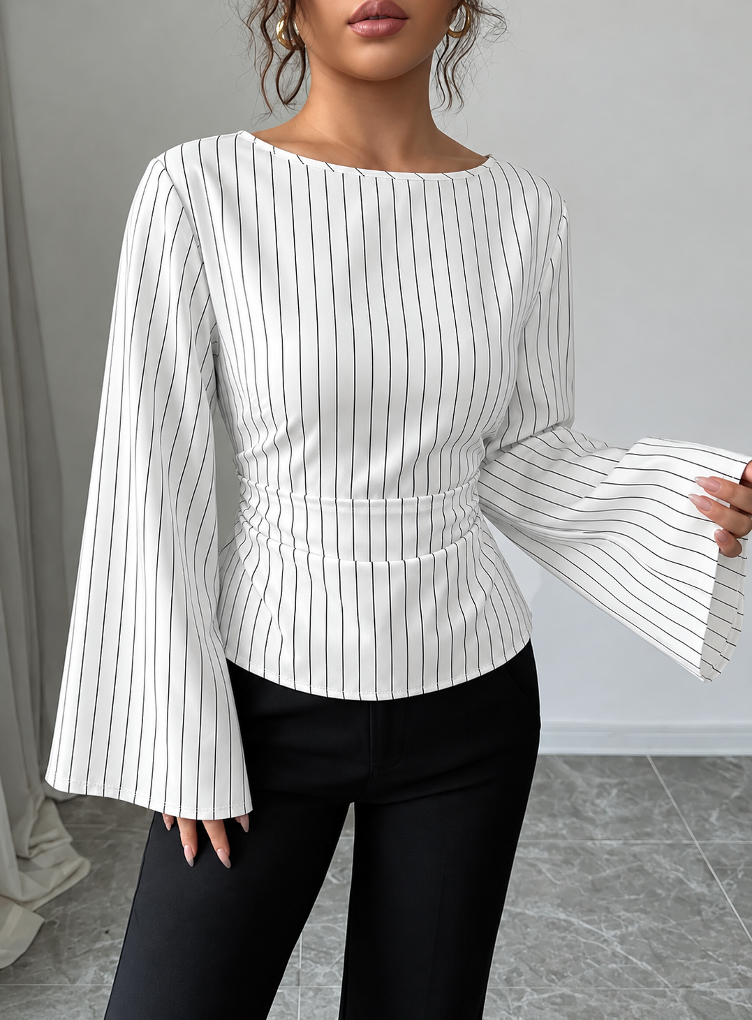 Elegant Pinstriped Bell Sleeve Blouse with Back Lace Up