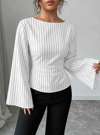 Elegant Pinstriped Bell Sleeve Blouse with Back Lace Up