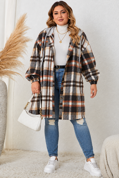 Honey Plus Size Plaid Drop Shoulder Hooded Coat