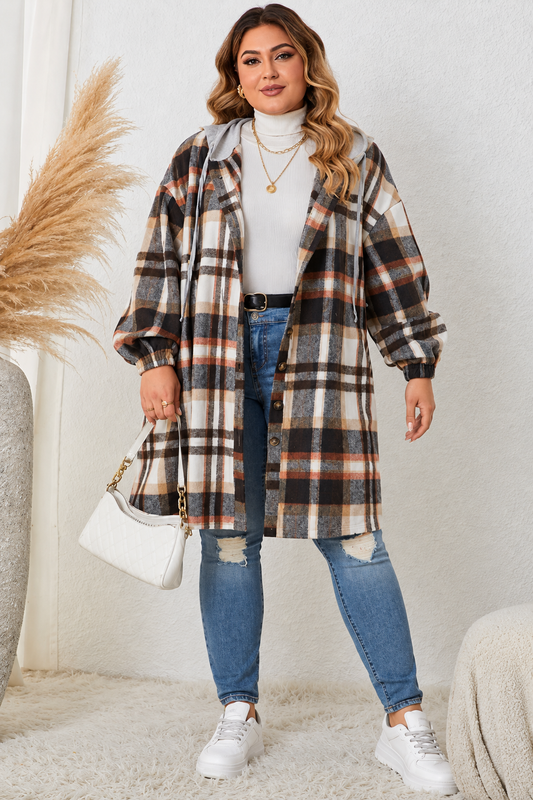Honey Plus Size Plaid Drop Shoulder Hooded Coat