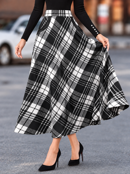 Plaid A-Line Midi Skirt with Pockets