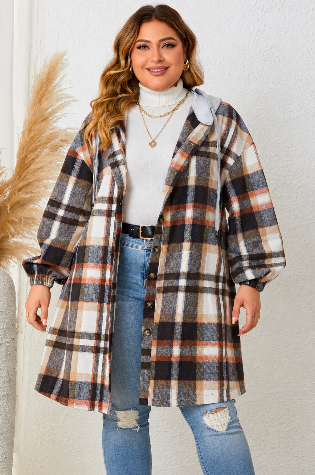 Honey Plus Size Plaid Drop Shoulder Hooded Coat