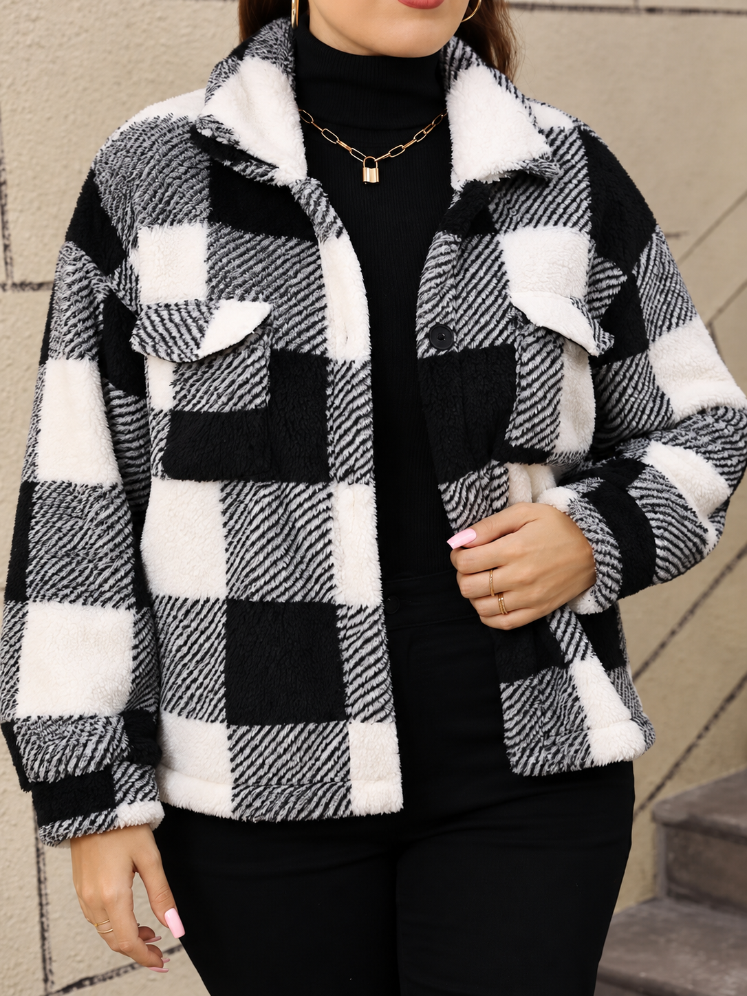 Plus Size Pocketed Plaid Collared Neck Jacket