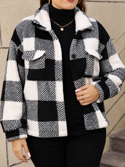Plus Size Pocketed Plaid Collared Neck Jacket