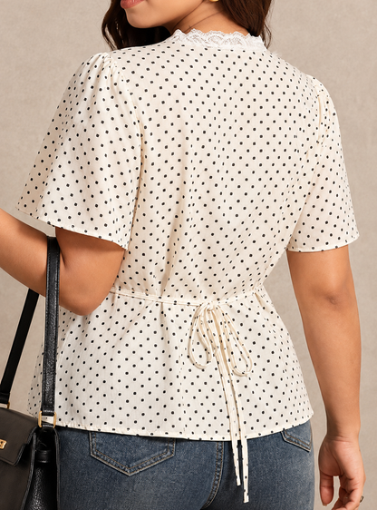 Plus Size Polka Dot V-Neck Lace Trim Peplum Blouse
