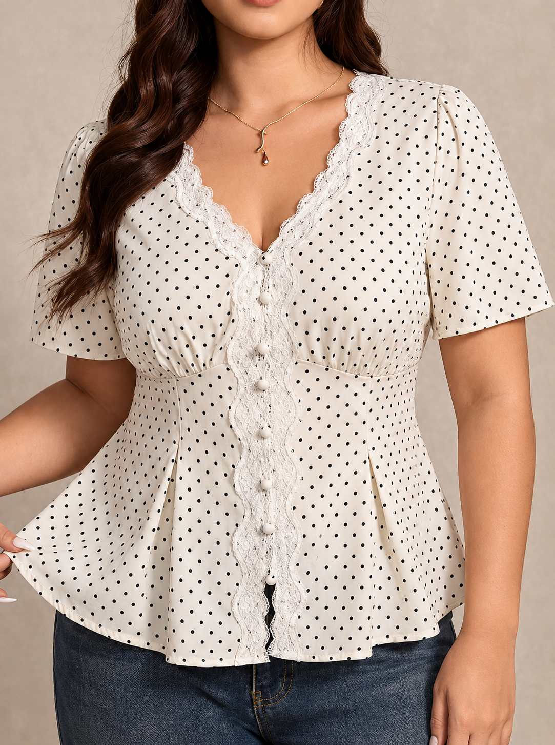 Plus Size Polka Dot V-Neck Lace Trim Peplum Blouse