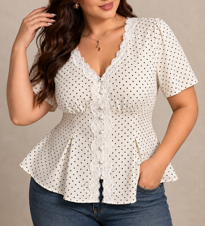 Plus Size Polka Dot V-Neck Lace Trim Peplum Blouse