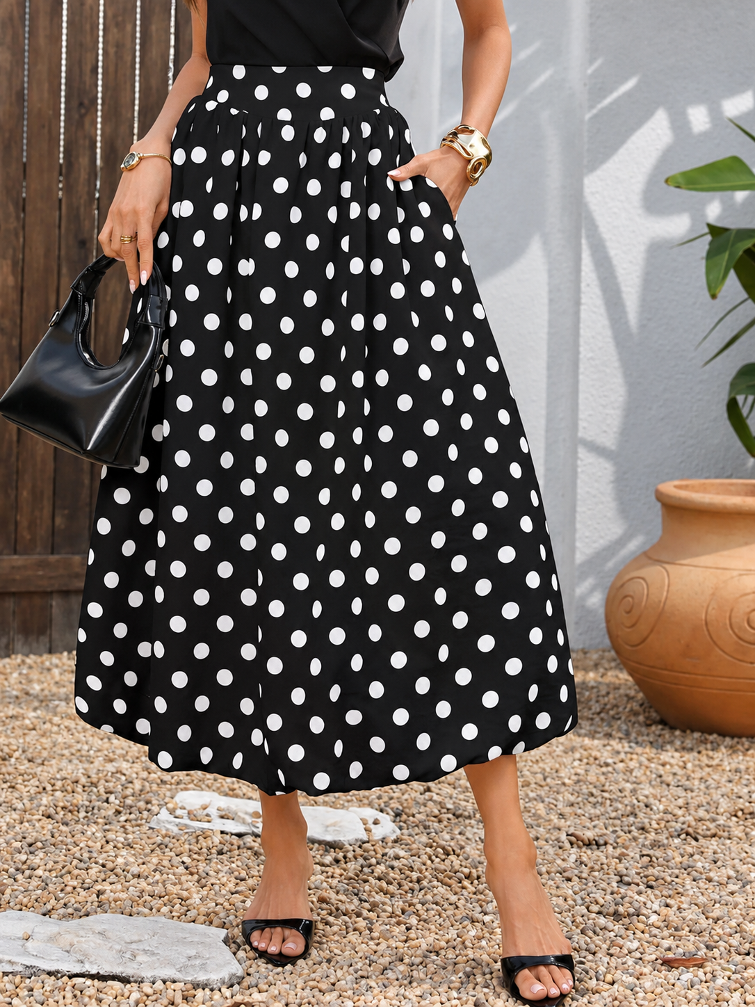 High-Waisted Polka Dot A-Line Midi Skirt