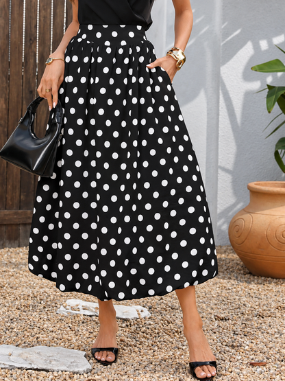 High-Waisted Polka Dot A-Line Midi Skirt