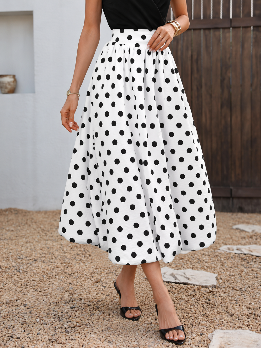 High-Waisted Polka Dot A-Line Midi Skirt