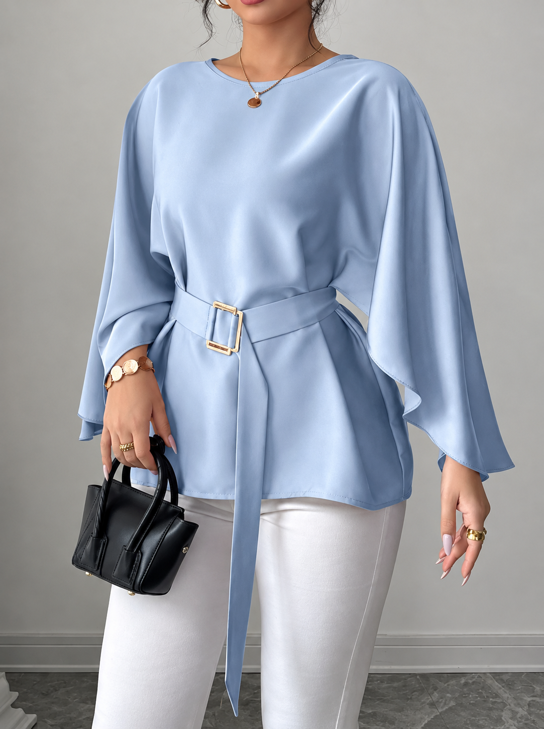 Batwing Sleeve Belted Blouse