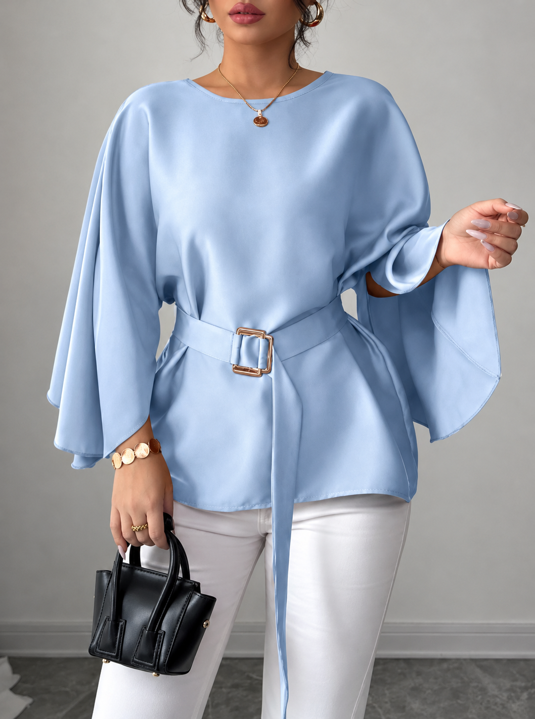 Batwing Sleeve Belted Blouse