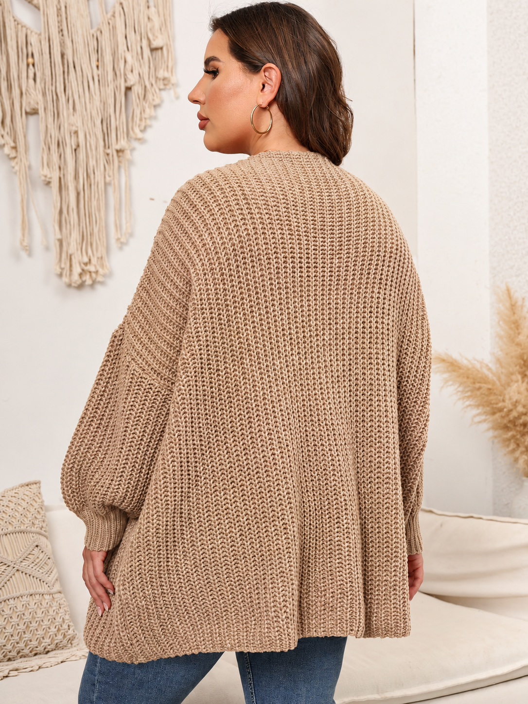 Plus Size Open Front Dropped Shoulder Knit Cardigan