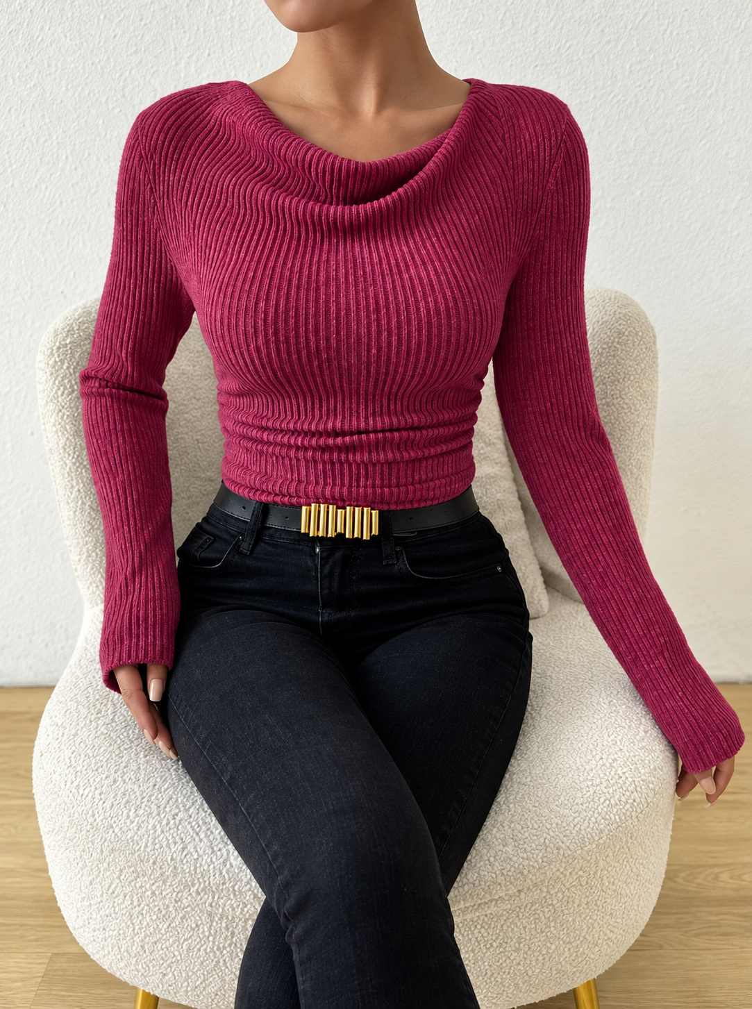 Cowl Neck Ribbed Knit Top