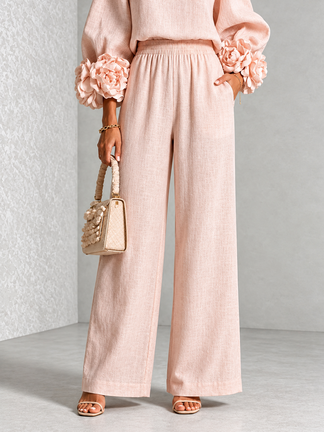 Full Size Floral Cuffs Top and Wide Leg Pants Set (Plus Size inculuded)