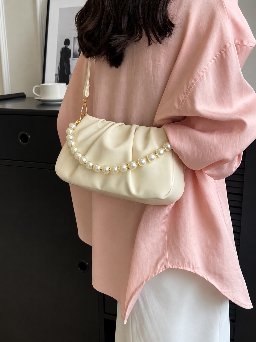 Ruched Shoulder Bag with Pearl Embellishment