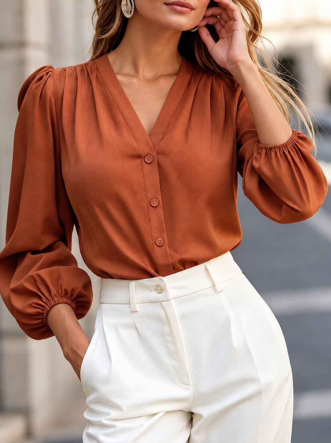 Elegant V-Neck Puff Sleeve Button-Down Shirt