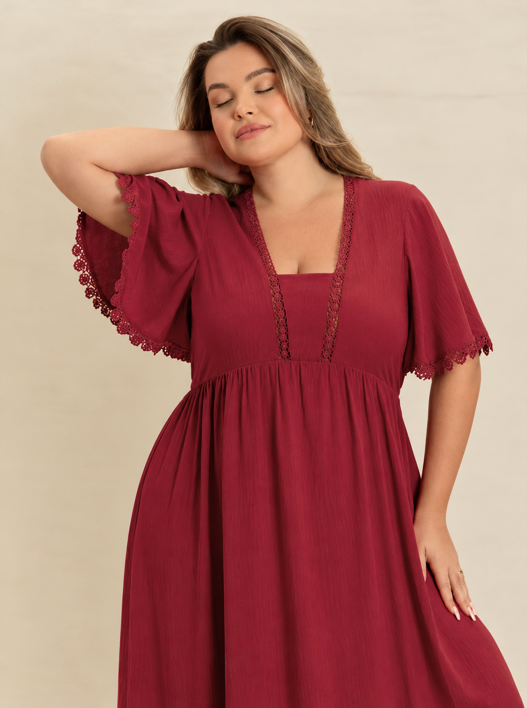 Plus Size Lace Detail Flutter Sleeve Maxi Dress