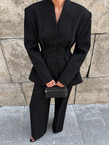 Chic Button Down Pleated Blazer and Wide-Leg Pants Suit Set