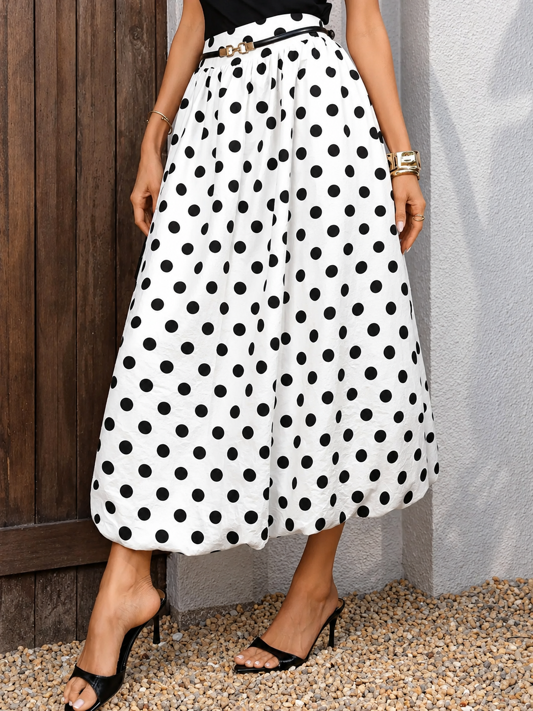 High-Waisted Polka Dot A-Line Midi Skirt