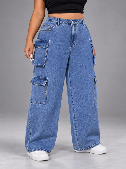 Plus Size High-Waisted Wide Leg Cargo Jeans