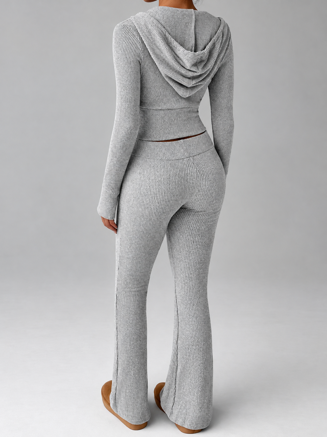 Ribbed Knit Zip-Up Hooded Top and Flared Pants Set