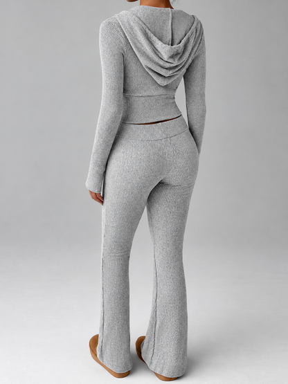 Ribbed Knit Zip-Up Hooded Top and Flared Pants Set