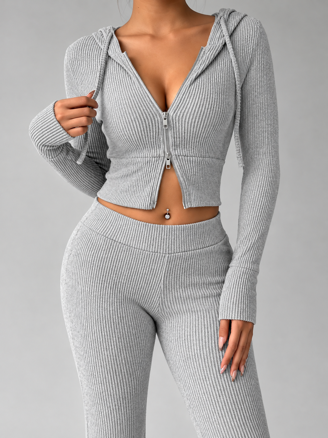 Ribbed Knit Zip-Up Hooded Top and Flared Pants Set