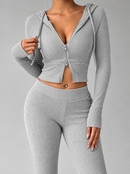 Ribbed Knit Zip-Up Hooded Top and Flared Pants Set